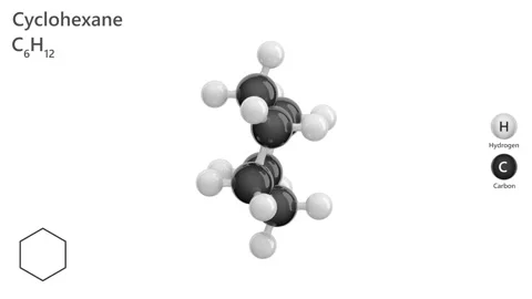 Cyclohexane. Solvent. 3D model of a molecule. C6H12. White background. 3D render Stock Footage 291684111