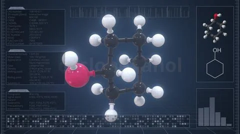 Cyclohexanol molecule with description on the computer screen, 3d rendering Stock Illustration