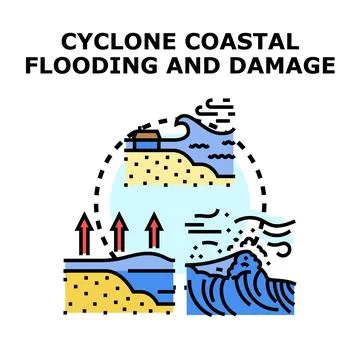 Cyclone causing coastal flooding and environmental damage event Stock Illustration