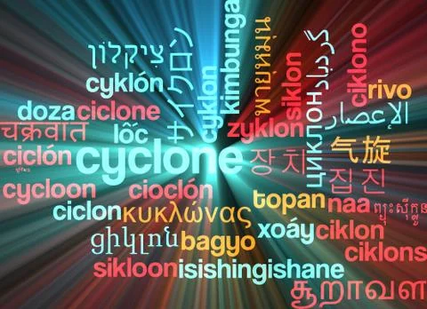 Cyclone multilanguage wordcloud background concept glowing Illustrazione stock