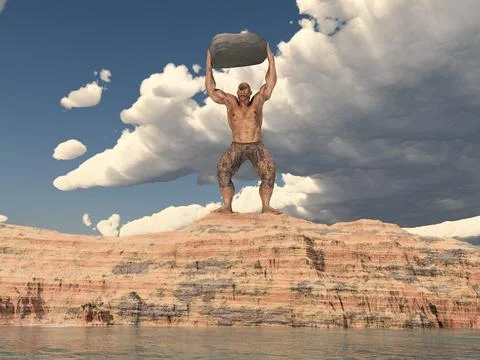 The Cyclops Polyphemus throws a boulder at the fleeing Odysseus Illustrazione stock