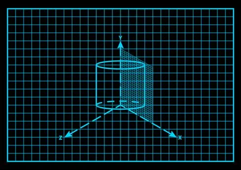 Cylinder geometry spatial plane projection grid neon cyan background black Stock Illustration