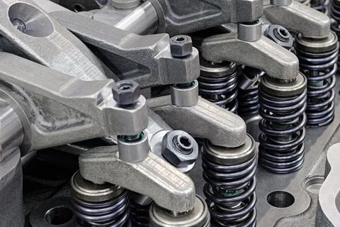 Cylinder head of an internal combustion engine with the cover removed Stock Photos