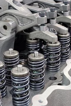 Cylinder head of an internal combustion engine with the cover removed Stock Photos