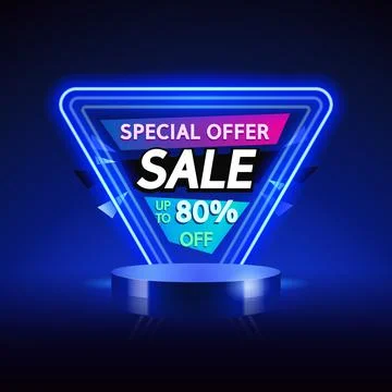 Cylinder Podium with Blue Triangular Neon Sale Banner Stock Illustration