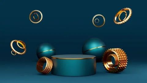 Cylinder podium empty and moving gear with geometric shapes in blue compositi Stock Footage 212379622