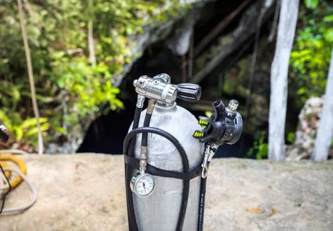 Cylinders for diving in the forest. Cave diving. Mexico Stock Photos