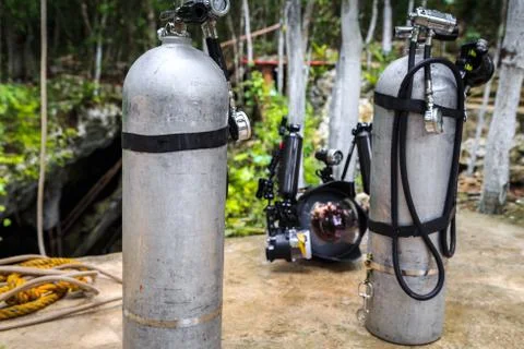 Cylinders for diving in the forest. Cave diving. Mexico Stock Photos