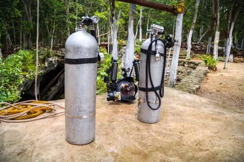 Cylinders for diving in the forest. Cave diving. Mexico Stock Photos