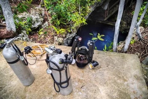 Cylinders for diving in the forest. Cave diving. Mexico Stock Photos