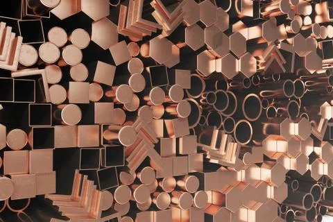 Cylindrical copper steel profiles, hexagonal copper steel profiles, square Illustrazione stock