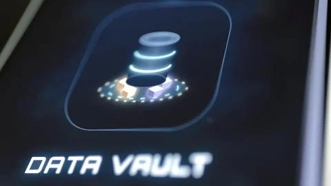Cylindrical data vault rests on luminous base Stock Photos
