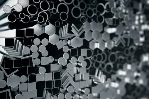 Cylindrical metal steel profiles, hexagonal metal steel profiles, square metal Stock Illustration