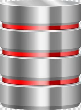 Cylindrical metallic silver storage unit with red bands,stacked for organiz.. Illustrazione stock