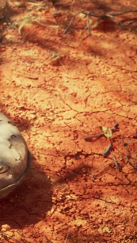 Cylindrical object rests on dry orange ground with broken texture Stock Footage 338387018