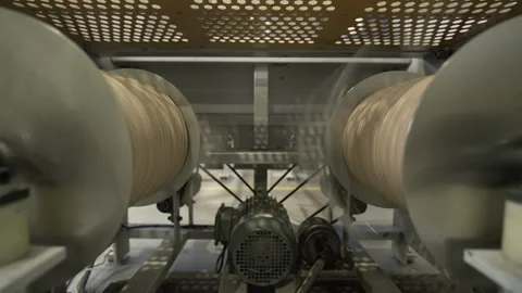 Cylindrical objects process cardboard material in plant shop Stock Footage 296577359