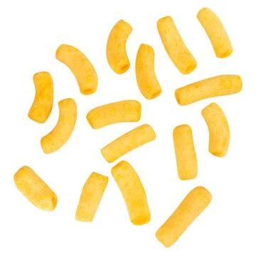 Cylindrical snacks falling on white background Foto stock