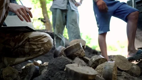 Cylindrical soil core samples collected during a geotechnical drilling survey Stock Footage 338227267