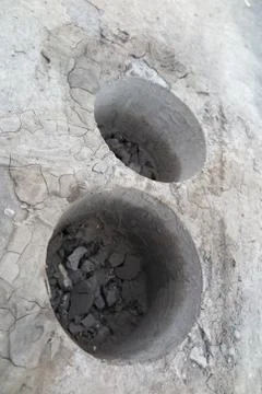 Cylindrical specimens (roadway core specimens) of the asphalt pavement taken Stock Photos