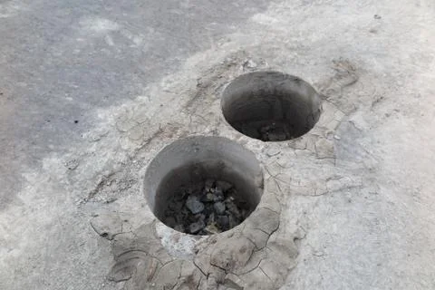 Cylindrical specimens (roadway core specimens) of the asphalt pavement taken Stock Photos