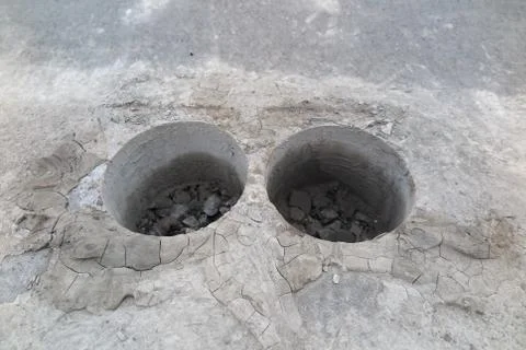 Cylindrical specimens (roadway core specimens) of the asphalt pavement taken Stock Photos