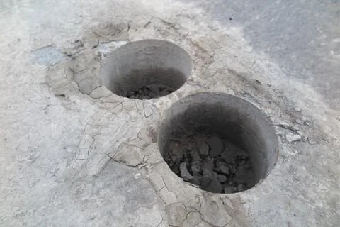 Cylindrical specimens (roadway core specimens) of the asphalt pavement taken Stock-Fotos