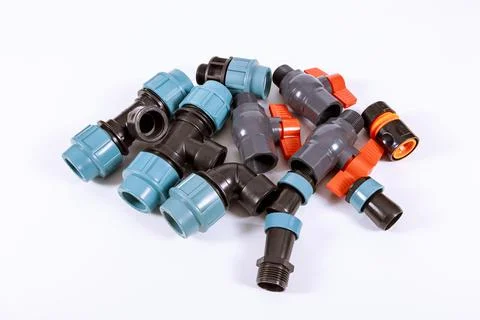 The cylindrical valves, these are made of PVC plastic for connecting pipe Stock Photos