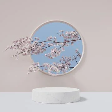 Cylindrical white marble podium with cherry blossom branch 3D render illustra 스톡 일러스트