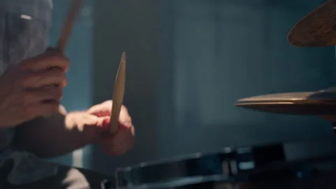 Cymbal, Young Man Playing Drums And Cymbal In Studio. Close Up. Stock Footage 263770395