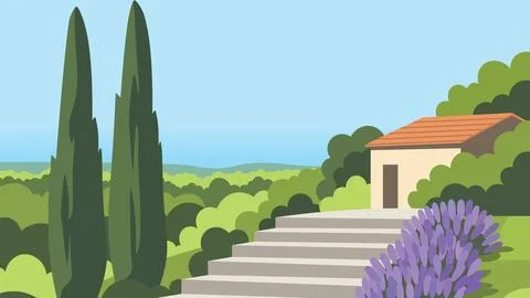 Cypress Pathway Hills Mediterranean Flat Design Illustration Illustrazione stock