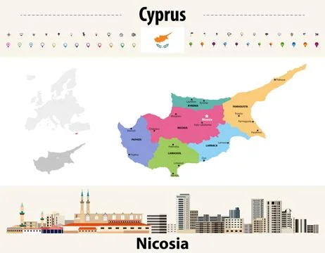 Cyprus administrative divisions map with main cities. Nicosia cityscape Stock Illustration
