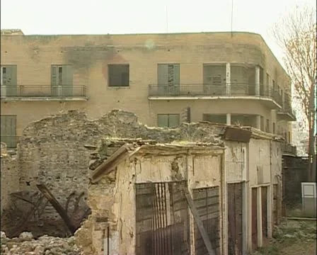 Cyprus buffer zone, green line destroyed war damaged buildings, Nicosia, Cyprus Stock Footage 21362300
