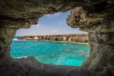Cyprus caves view from inside over the sea Stock Photos