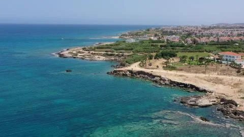 Cyprus coast with cliffs and beach aerial view Stock Photos
