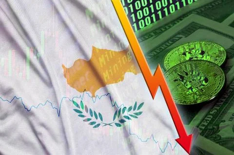 Cyprus flag and cryptocurrency falling trend with two bitcoins on dollar bill Foto stock