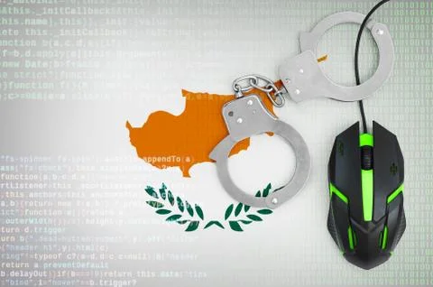 Cyprus flag  and handcuffed computer mouse. Combating computer crime, hackers Stock-Fotos