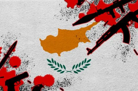 Cyprus flag and various weapons in red blood. Concept for terror attack and m Stock Illustration