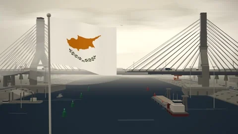 Cyprus Flag Flying Over Cable Stayed Bridge River seamless loop Stock Footage 345561996
