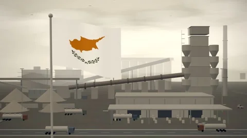 Cyprus Flag Flying Over Cement Works Rotary Kiln seamless loop Video stock 345562996
