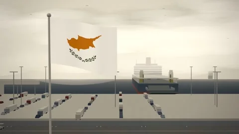 Cyprus Flag Flying Over Ferry Terminal Linkspan Berth seamless loop Видео 345803428