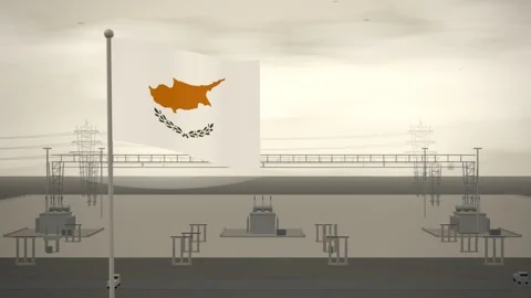 Cyprus Flag Flying Over High Voltage Electrical Substation seamless loop Stock-Footage 345571303