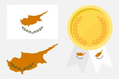 Cyprus flag with map and gold medal in set for web and banners or app and gam Stock Illustration