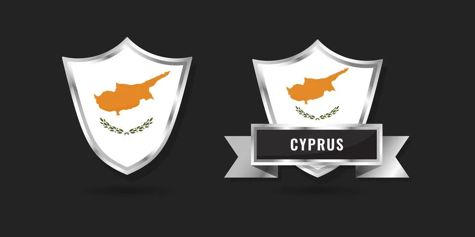 Cyprus Flag Shield Badge Vector Illustration with Silver Ribbon and Metalli.. Stock Illustration