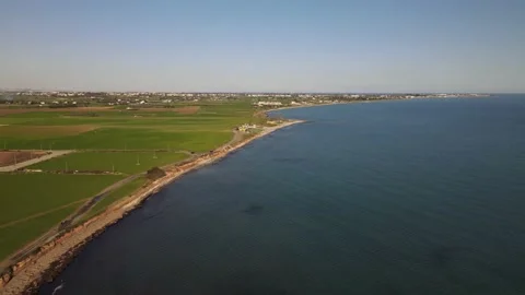 Cyprus green fields. Sea and waves. Fly over beautiful views near Larnaca. Видео 167973828