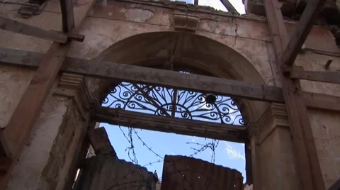 Cyprus Green Line UN buffer zone - derelict buildings scaffolded Stock Footage 61380122