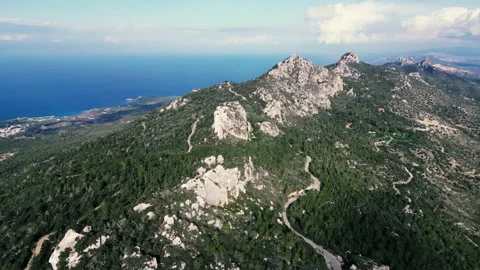 Cyprus, Kantara Castle. Drone video of landscape, mountains, clouds, blue ocean Stock Footage 230168656