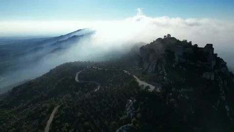 Cyprus, Kantara Castle. Drone video of landscape, mountains, clouds, blue ocean Stock-Footage 230727007