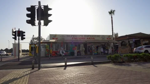 CYPRUS, LARNACA - CIRCA May 2019: City street with local beach store in Larnaca 스톡 동영상 109239403