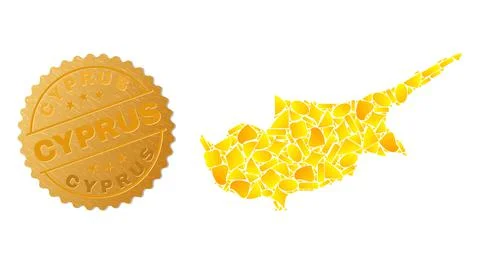 Cyprus Map Mosaic of Gold Elements and Textured Cyprus Seal Stamp 스톡 일러스트