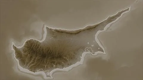 Cyprus outlined on a elevation map colored in sepia tones with lakes and rive Stock Illustration
